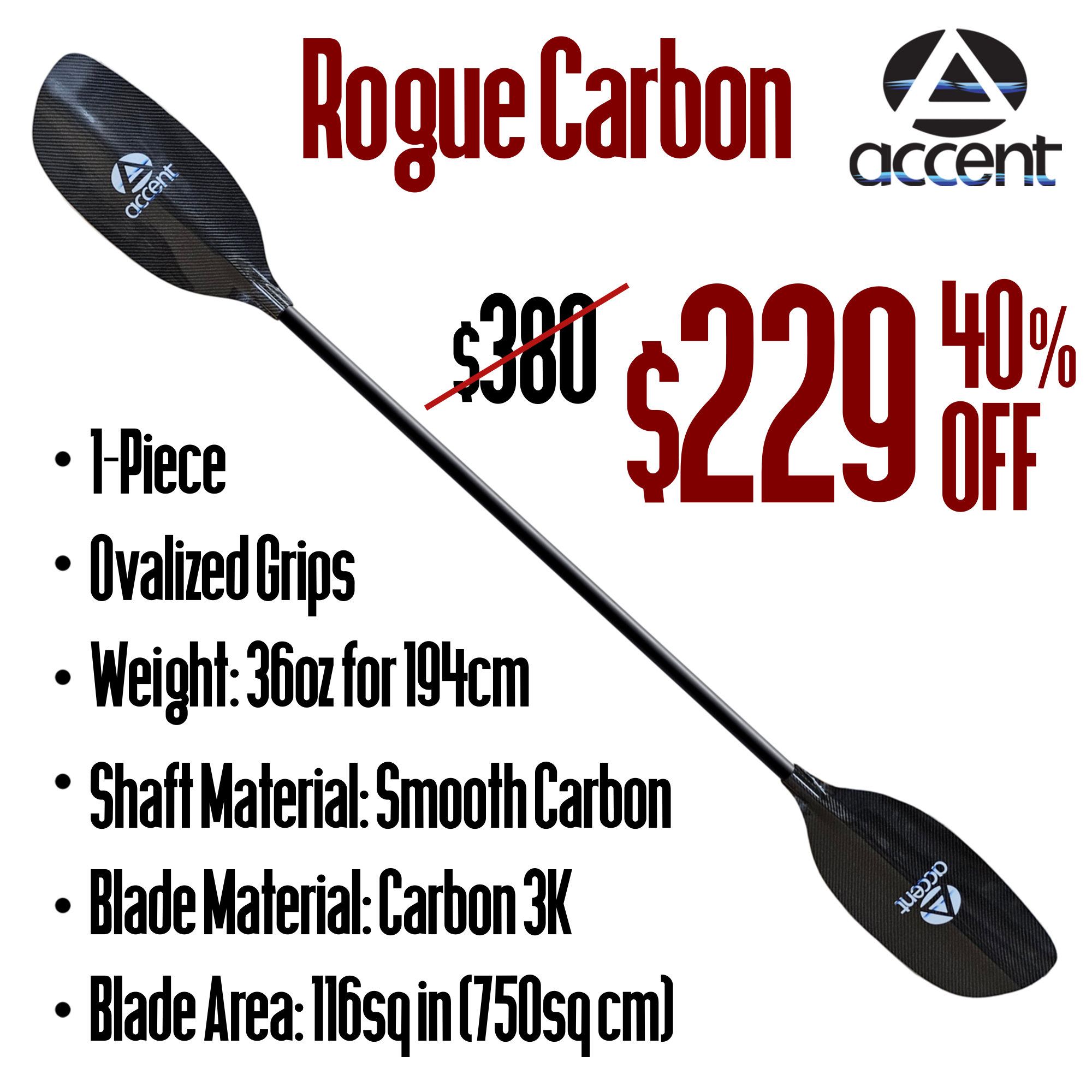 Rogue Carbon 1-Piece Whitewater Kayak Paddle - Accent Paddles